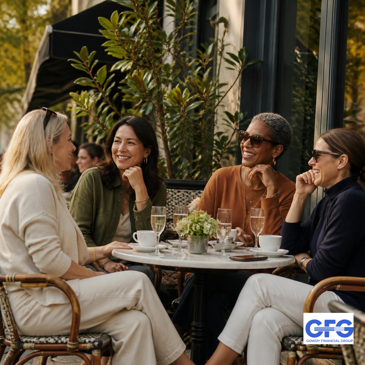 Four women enjoying conversation around a table outdoors