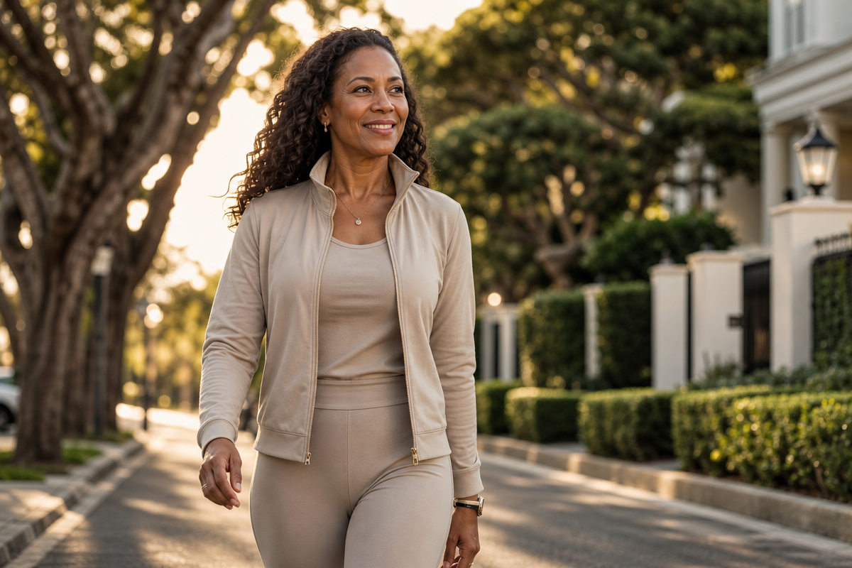 A successful, sophisticated woman over 45 going for a walk outdoors