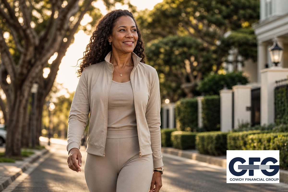 A successful, sophisticated woman over 45 going for a walk outdoors